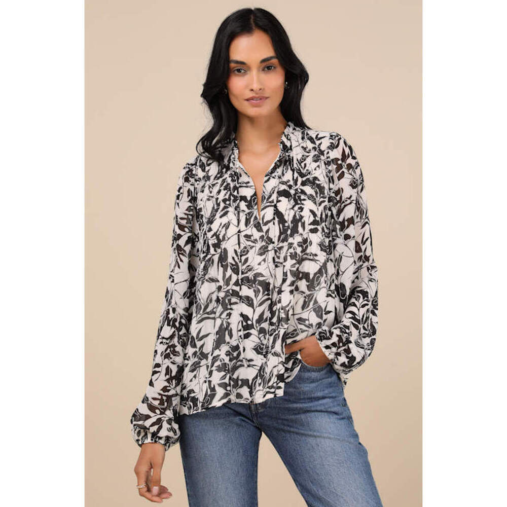 Lulus Classic Concept White And Black Floral Pleated Long Sleeve Top - Size XS